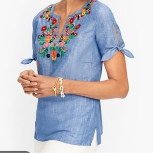 Talbots Blue Linen Embroidered Tie-Sleeve Top